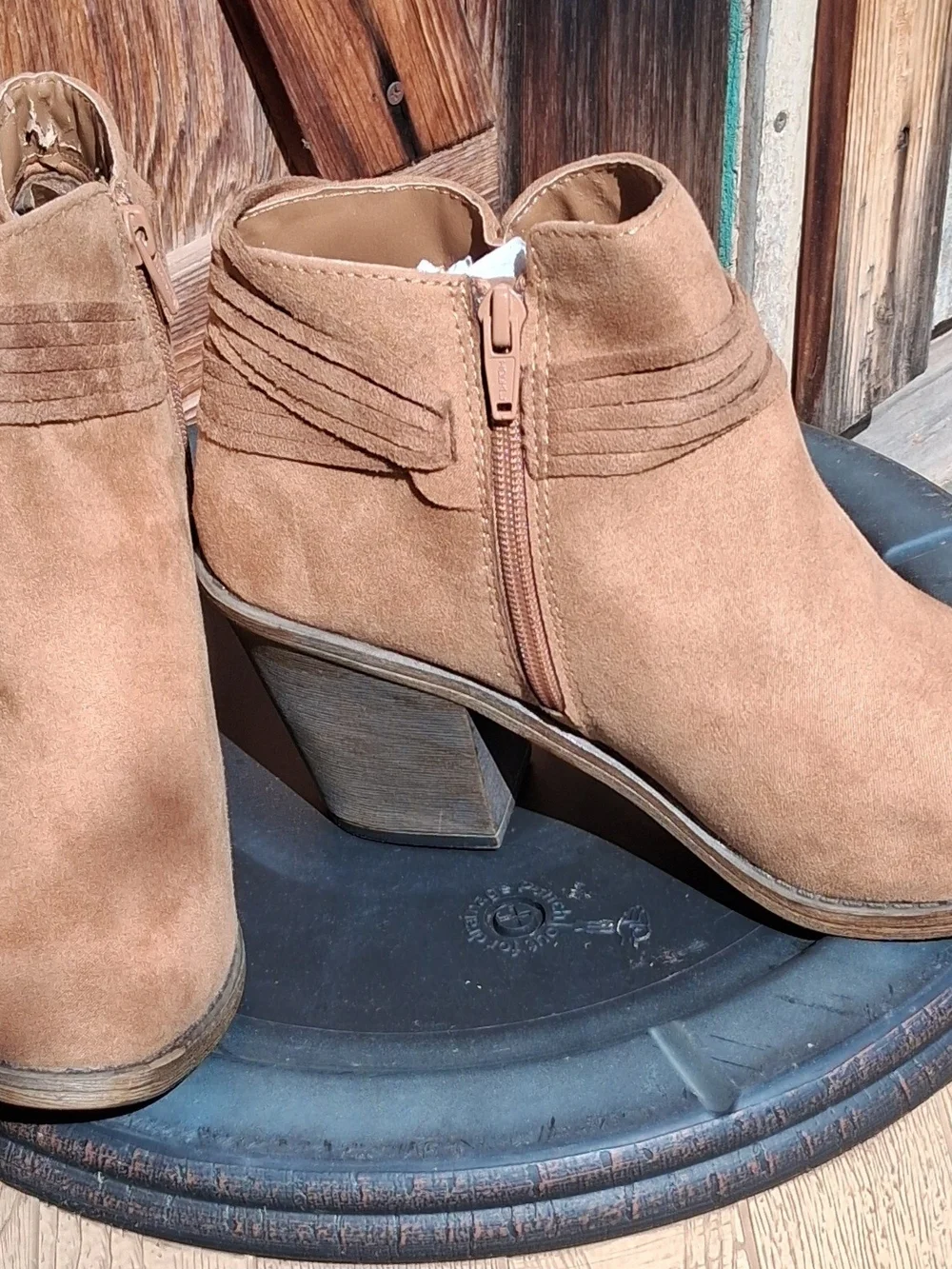 Time and Tru Tan Suede Ankle Booties with Wrapped Strap Detail